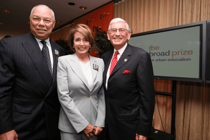 Former U.S. Secretary of State Colin Powell, U.S. House of Representative Speaker Nancy Pelosi, and Eli at the 2007 Broad Prize for Urban Education. Courtesy of Diane Bondareff