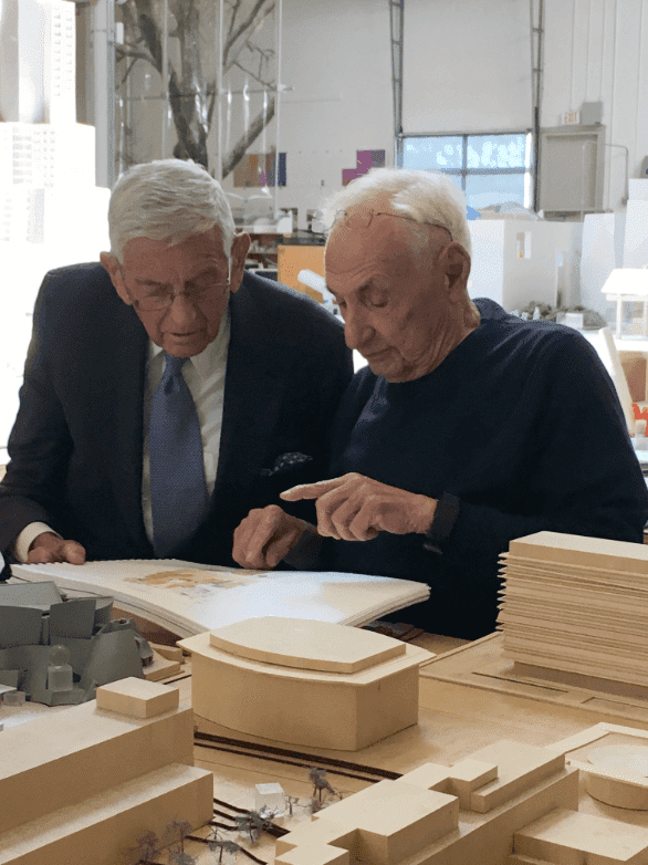 Eli and Frank Gehry at his studio in Los Angeles, 2018