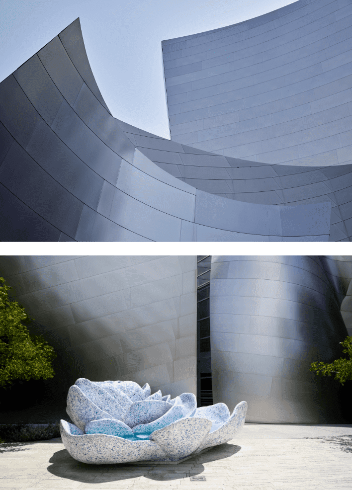 Bottom: A Rose for Lilly fountain, designed by Frank Gehry, in the Blue Ribbon Garden atop Disney Hall. Photography by Walter Smith