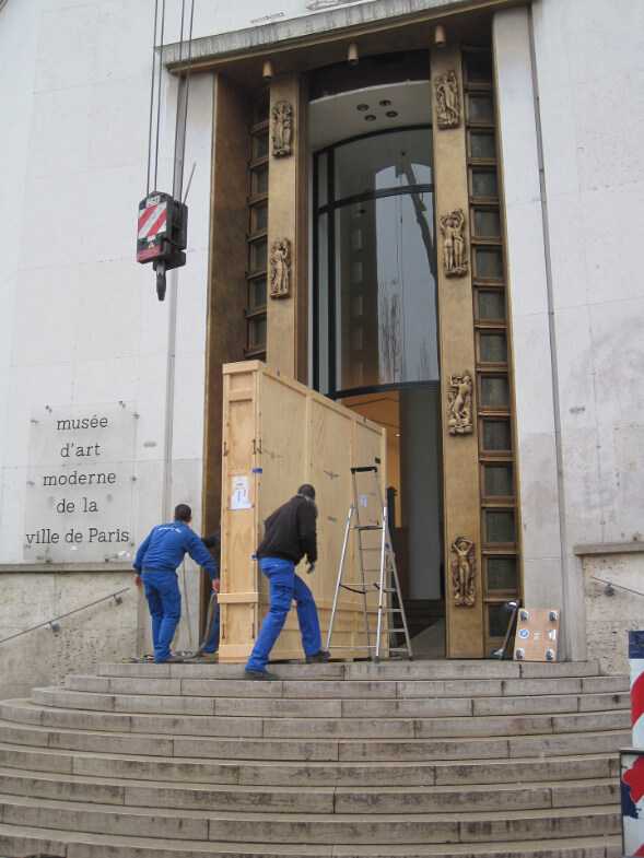 Artwork on loan from The Broad Art Foundation is transported inside the Paris Museum of Modern Art, 2011. Courtesy of The Broad Art Foundation